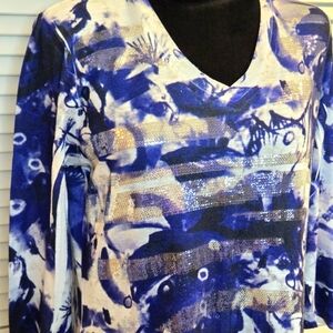 Womens Laura Ashley Embellished Tunic Top Size SMALL VNeck 3/4 Sleeve Blue White